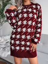Women's Dresses Casual Long Sleeve Houndstooth Knitted Sweater Dress - Mini Dresses - INS | Online Fashion Free Shipping Clothing, Dresses, Tops, Shoes - 26/08/2021 - 30-40 - Category_Mini Dresses