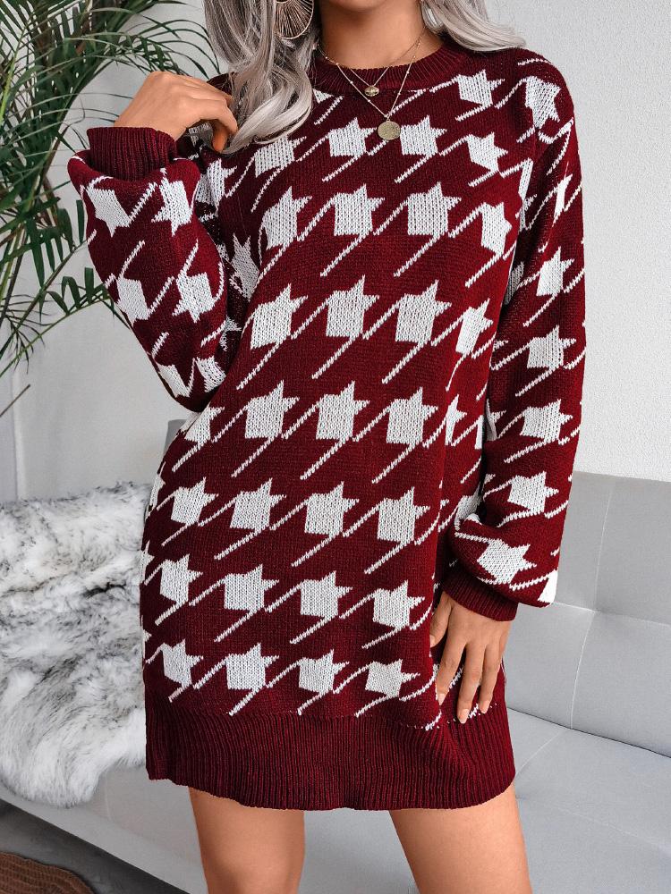 Women's Dresses Casual Long Sleeve Houndstooth Knitted Sweater Dress - Mini Dresses - INS | Online Fashion Free Shipping Clothing, Dresses, Tops, Shoes - 26/08/2021 - 30-40 - Category_Mini Dresses