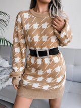 Women's Dresses Casual Long Sleeve Houndstooth Knitted Sweater Dress - Mini Dresses - INS | Online Fashion Free Shipping Clothing, Dresses, Tops, Shoes - 26/08/2021 - 30-40 - Category_Mini Dresses