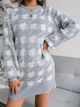 Women's Dresses Casual Long Sleeve Houndstooth Knitted Sweater Dress - Mini Dresses - INS | Online Fashion Free Shipping Clothing, Dresses, Tops, Shoes - 26/08/2021 - 30-40 - Category_Mini Dresses
