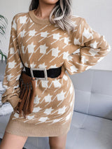 Women's Dresses Casual Long Sleeve Houndstooth Knitted Sweater Dress - Mini Dresses - INS | Online Fashion Free Shipping Clothing, Dresses, Tops, Shoes - 26/08/2021 - 30-40 - Category_Mini Dresses