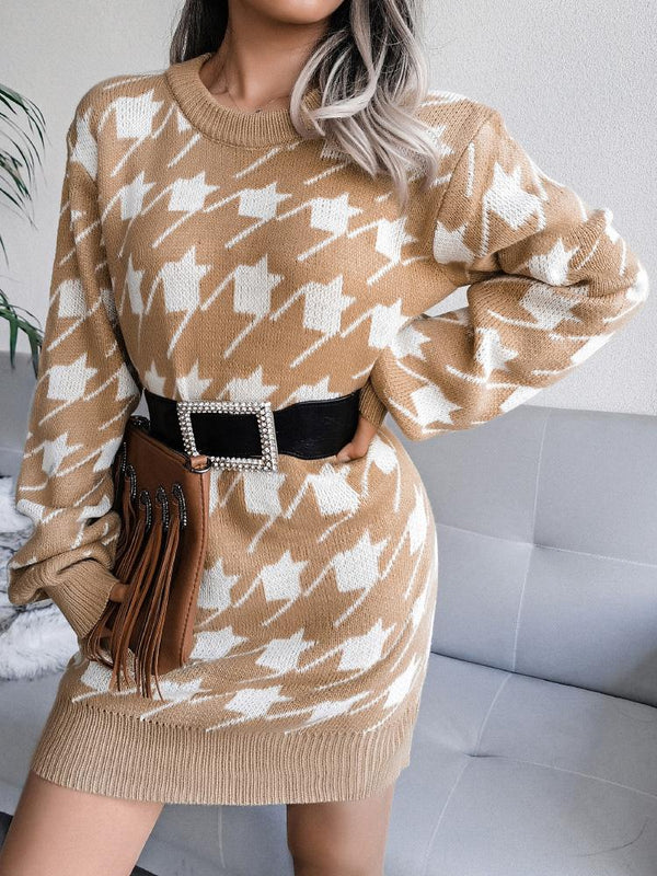 Women's Dresses Casual Long Sleeve Houndstooth Knitted Sweater Dress - Mini Dresses - INS | Online Fashion Free Shipping Clothing, Dresses, Tops, Shoes - 26/08/2021 - 30-40 - Category_Mini Dresses