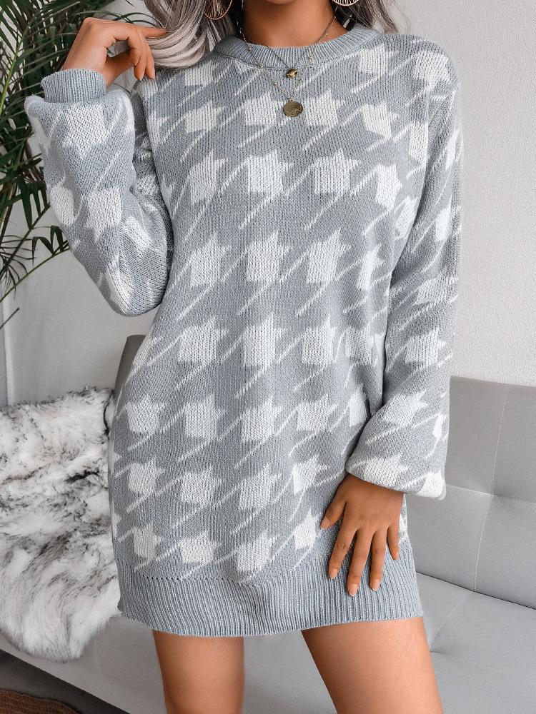 Women's Dresses Casual Long Sleeve Houndstooth Knitted Sweater Dress - Mini Dresses - INS | Online Fashion Free Shipping Clothing, Dresses, Tops, Shoes - 26/08/2021 - 30-40 - Category_Mini Dresses