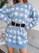 Women's Dresses Casual Long Sleeve Houndstooth Knitted Sweater Dress - Mini Dresses - INS | Online Fashion Free Shipping Clothing, Dresses, Tops, Shoes - 26/08/2021 - 30-40 - Category_Mini Dresses