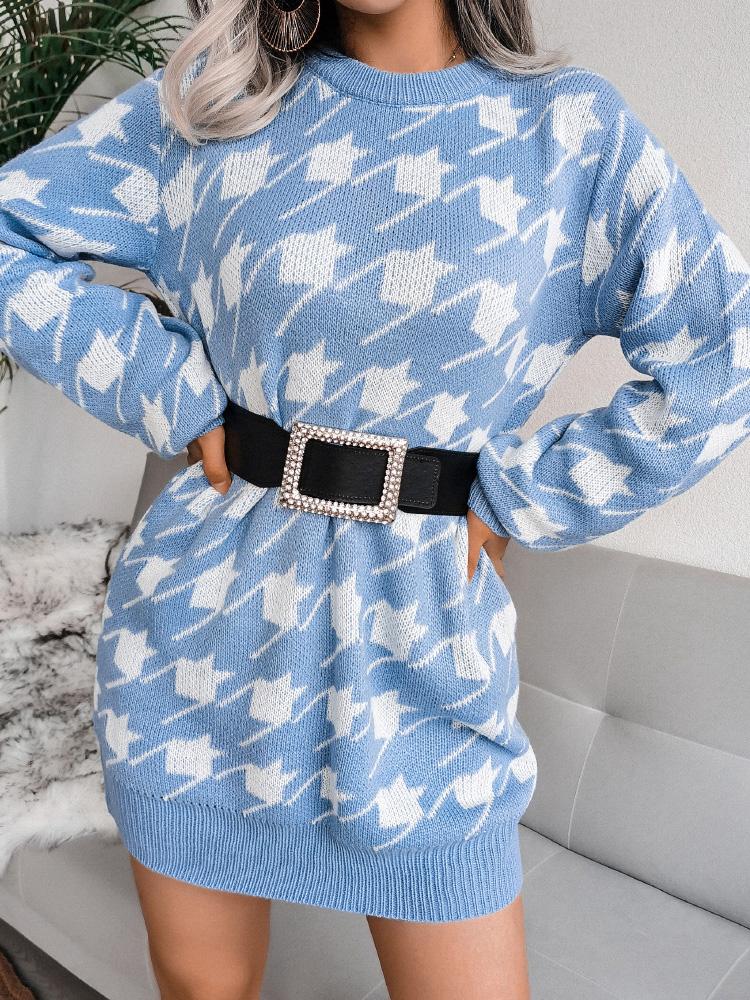 Women's Dresses Casual Long Sleeve Houndstooth Knitted Sweater Dress - Mini Dresses - INS | Online Fashion Free Shipping Clothing, Dresses, Tops, Shoes - 26/08/2021 - 30-40 - Category_Mini Dresses