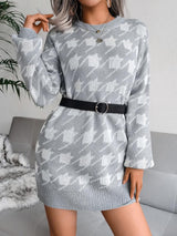 Women's Dresses Casual Long Sleeve Houndstooth Knitted Sweater Dress - Mini Dresses - INS | Online Fashion Free Shipping Clothing, Dresses, Tops, Shoes - 26/08/2021 - 30-40 - Category_Mini Dresses