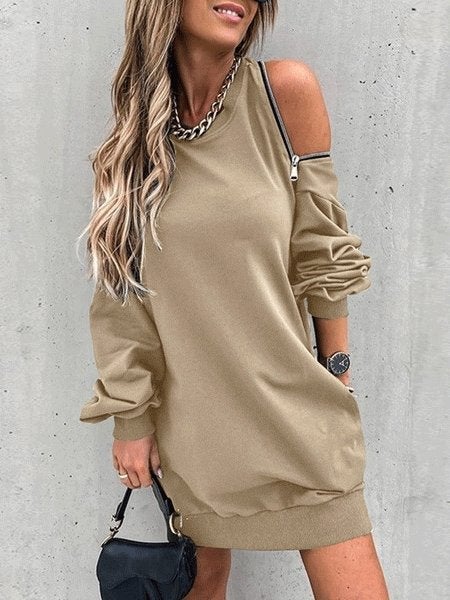 Women's Dresses Casual Off-The-Shoulder Zipper Long Sleeve Dress - Mini Dresses - INS | Online Fashion Free Shipping Clothing, Dresses, Tops, Shoes - 09/10/2021 - Color_Gray - Color_Green