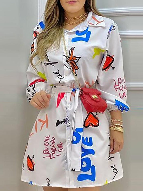 Women's Dresses Casual Printed Belt Long Sleeve Shirt Dress - Mini Dresses - INS | Online Fashion Free Shipping Clothing, Dresses, Tops, Shoes - 24/09/2021 - 30-40 - Casual Dresses