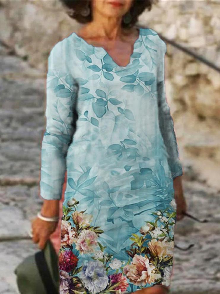 Women's Dresses Casual V-Neck Floral Print Long Sleeve Dress - Midi Dresses - INS | Online Fashion Free Shipping Clothing, Dresses, Tops, Shoes - 10/09/2021 - 20-30 - Category_Midi Dresses