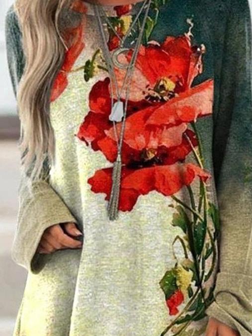 Women's Dresses Casual V-Neck Floral Print Long Sleeve Dress - Midi Dresses - INS | Online Fashion Free Shipping Clothing, Dresses, Tops, Shoes - 10/09/2021 - 20-30 - Category_Midi Dresses