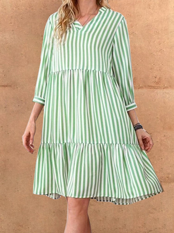 Women's Dresses Casual V-Neck Striped Long Sleeve Dress - Midi Dresses - Instastyled | Online Fashion Free Shipping Clothing, Dresses, Tops, Shoes - 25/12/2021 - 30-40 - Casual Dresses