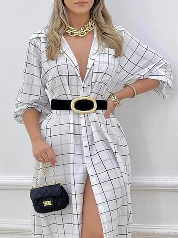 Women's Dresses Check Print Button Long Sleeve Shirt Dress - Midi Dresses - INS | Online Fashion Free Shipping Clothing, Dresses, Tops, Shoes - 30-40 - 30/08/2021 - Category_Midi Dresses