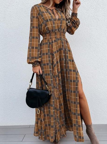 Women's Dresses Check Print Long Sleeve Split Dress - Maxi Dresses - INS | Online Fashion Free Shipping Clothing, Dresses, Tops, Shoes - 02/09/2021 - 30-40 - Category_Maxi Dresses