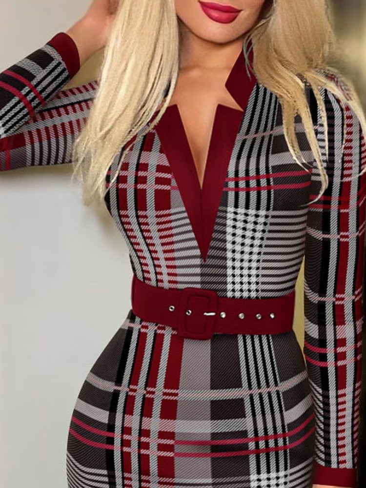 Women's Dresses Check Printed V-Neck Belt Long Sleeve Dress - Midi Dresses - Instastyled | Online Fashion Free Shipping Clothing, Dresses, Tops, Shoes - 22/12/2021 - 30-40 - color-black