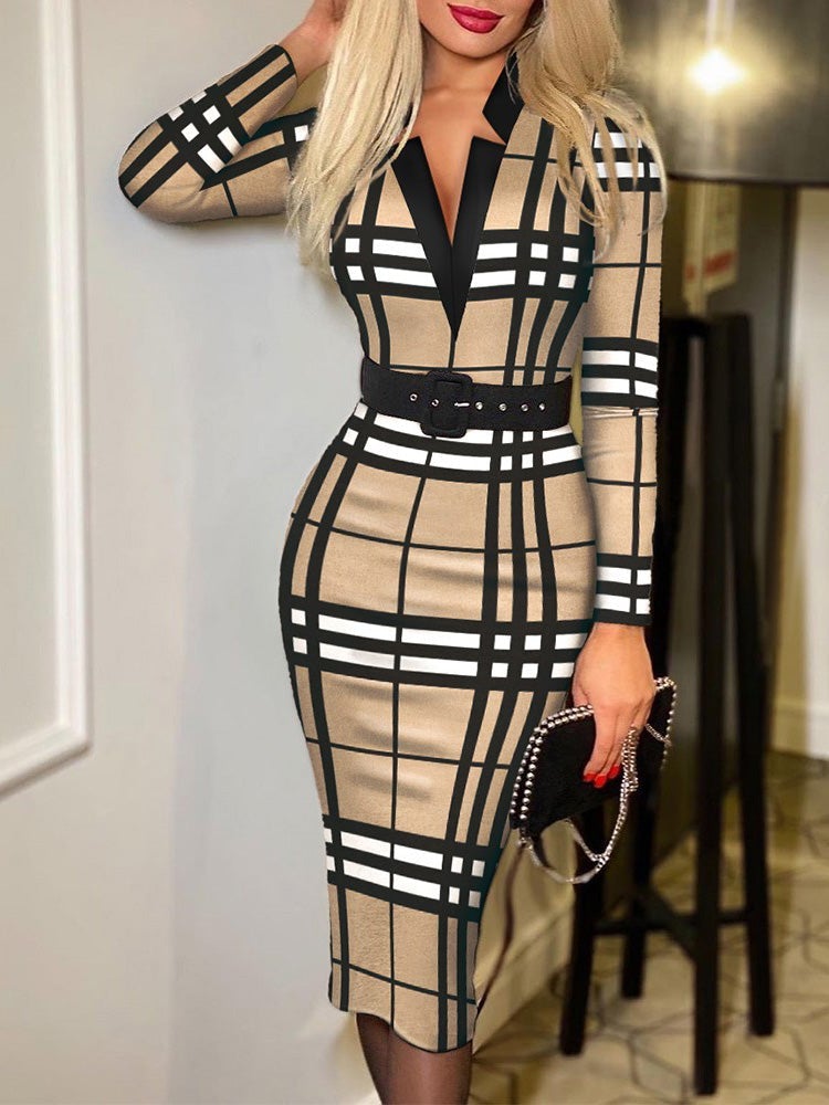 Women's Dresses Check Printed V-Neck Belt Long Sleeve Dress - Midi Dresses - Instastyled | Online Fashion Free Shipping Clothing, Dresses, Tops, Shoes - 22/12/2021 - 30-40 - color-black