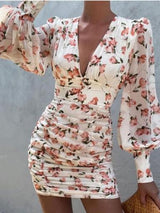 Women's Dresses Chiffon Print Deep V-Neck Long Sleeve Dress - Mini Dresses - INS | Online Fashion Free Shipping Clothing, Dresses, Tops, Shoes - 21/08/2021 - 40-50 - Category_Mini Dresses