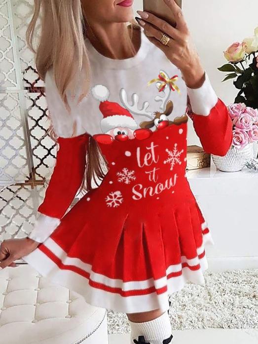 Women's Dresses Christmas Print Long Sleeve Pleated Dress - Mini Dresses - INS | Online Fashion Free Shipping Clothing, Dresses, Tops, Shoes - 1/11/2021 - 20-30 - color-black