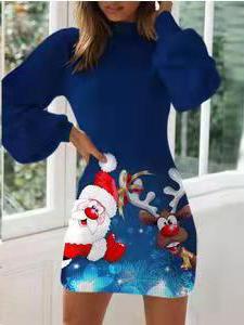 Women's Dresses Christmas Print Long Sleeve Slim Dress - Mini Dresses - INS | Online Fashion Free Shipping Clothing, Dresses, Tops, Shoes - 20/11/2021 - Color_Black - Color_Blue