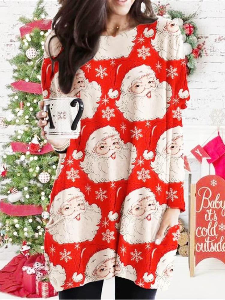 Women's Dresses Christmas Print Pocket Bat Long Sleeve Dress - Mini Dresses - INS | Online Fashion Free Shipping Clothing, Dresses, Tops, Shoes - 06/11/2021 - 20-30 - color-green