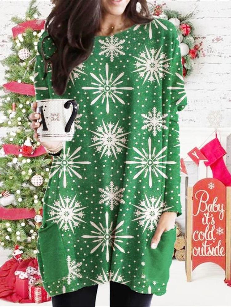 Women's Dresses Christmas Print Pocket Bat Long Sleeve Dress - Mini Dresses - INS | Online Fashion Free Shipping Clothing, Dresses, Tops, Shoes - 06/11/2021 - 20-30 - color-green