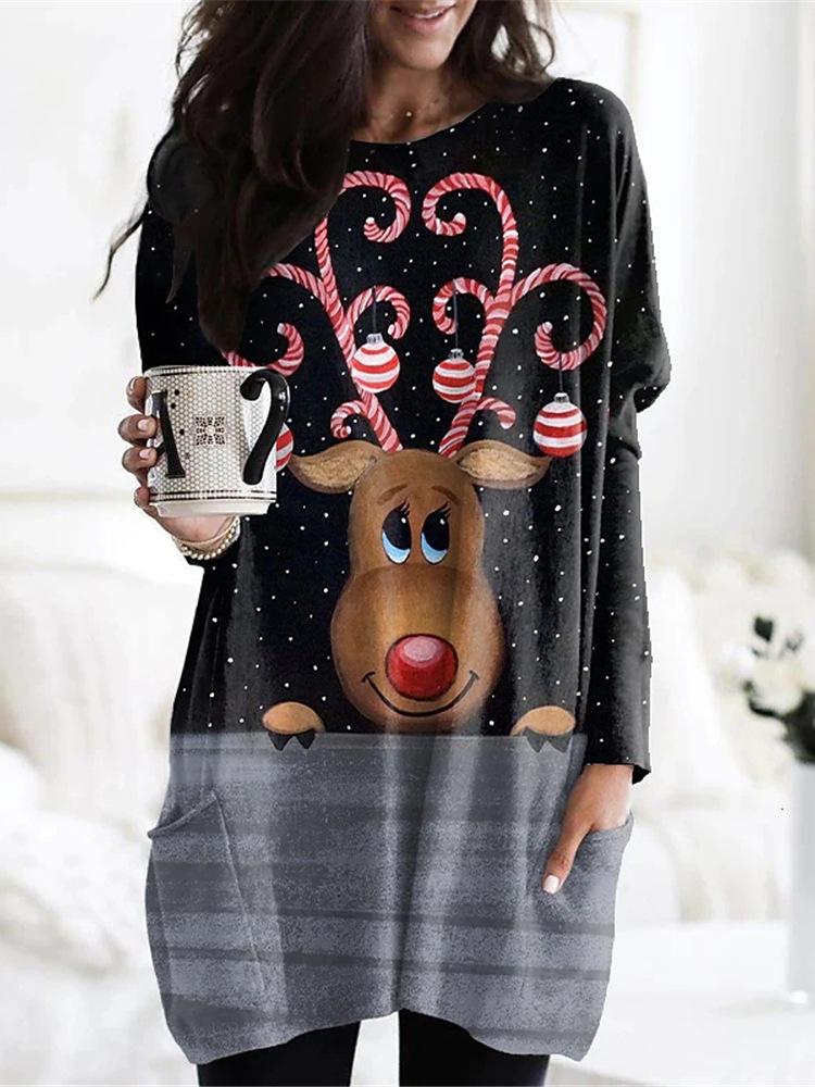 Women's Dresses Christmas Print Pocket Long Sleeve Casual Dress - Mini Dresses - INS | Online Fashion Free Shipping Clothing, Dresses, Tops, Shoes - 06/11/2021 - 20-30 - Casual Dresses