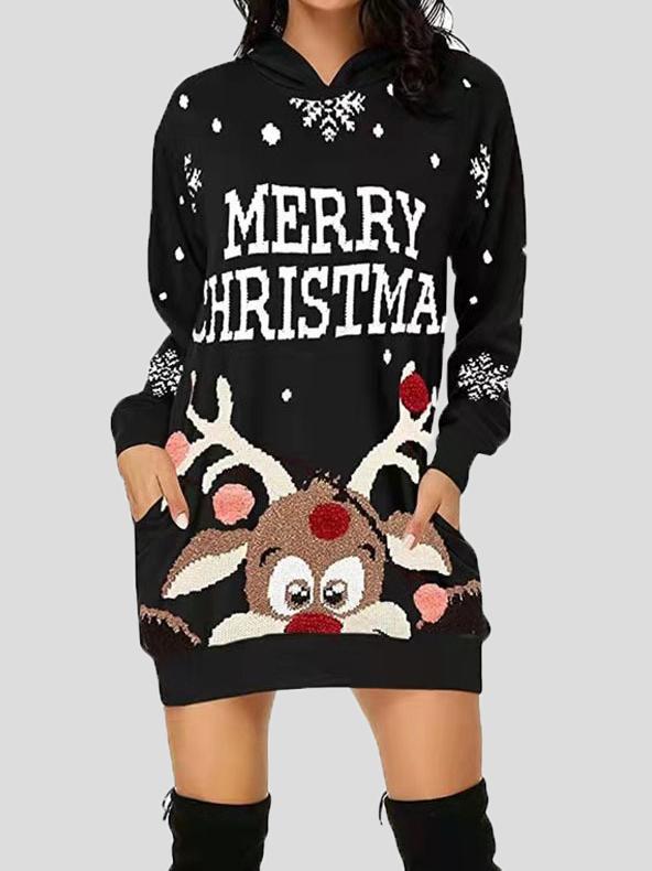 Women's Dresses Christmas Print Pocket Long Sleeve Hooded Dress - Mini Dresses - INS | Online Fashion Free Shipping Clothing, Dresses, Tops, Shoes - 1/11/2021 - 20-30 - color-black