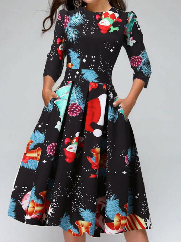 Women's Dresses Christmas Print Round Neck Pocket 3/4 Sleeve Dress - Midi Dresses - INS | Online Fashion Free Shipping Clothing, Dresses, Tops, Shoes - 20-30 - 22/11/2021 - color-black