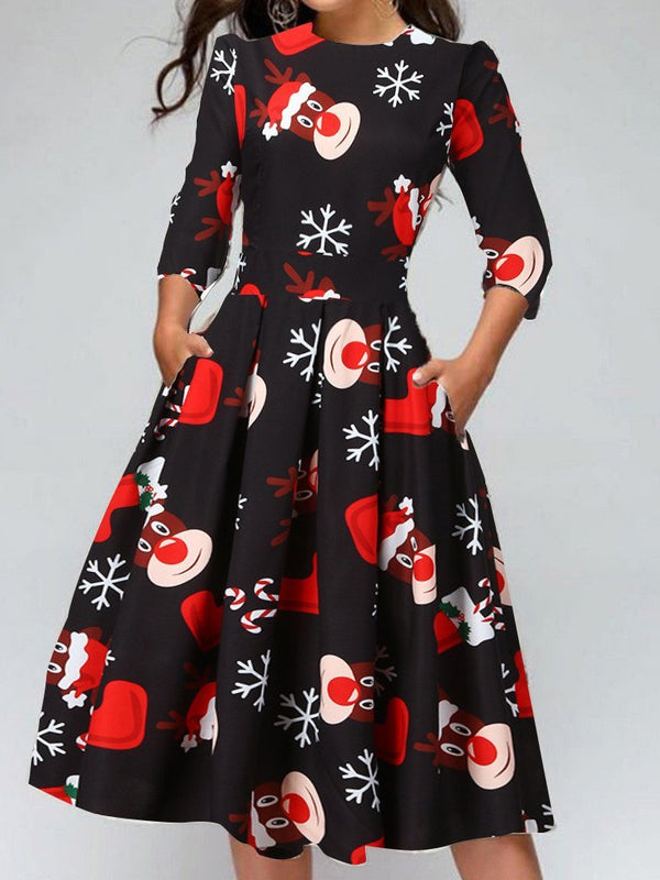 Women's Dresses Christmas Print Round Neck Pocket 3/4 Sleeve Dress - Midi Dresses - INS | Online Fashion Free Shipping Clothing, Dresses, Tops, Shoes - 20-30 - 22/11/2021 - color-black