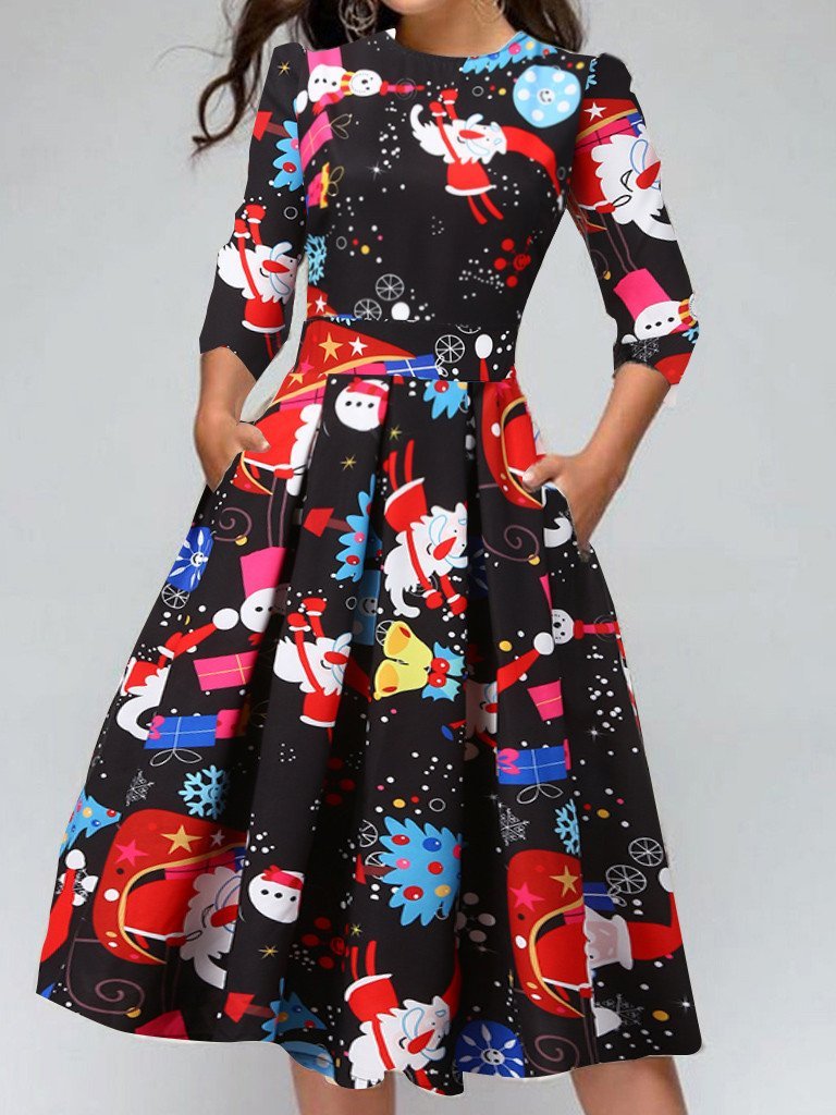 Women's Dresses Christmas Print Round Neck Pocket 3/4 Sleeve Dress - Midi Dresses - INS | Online Fashion Free Shipping Clothing, Dresses, Tops, Shoes - 20-30 - 22/11/2021 - color-black