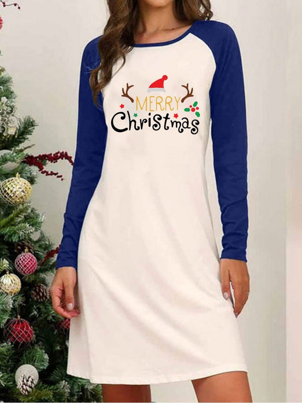 Women's Dresses Christmas Print Round Neck Raglan Long Sleeve Dress - Mini Dresses - INS | Online Fashion Free Shipping Clothing, Dresses, Tops, Shoes - 08/11/2021 - 20-30 - color-blue