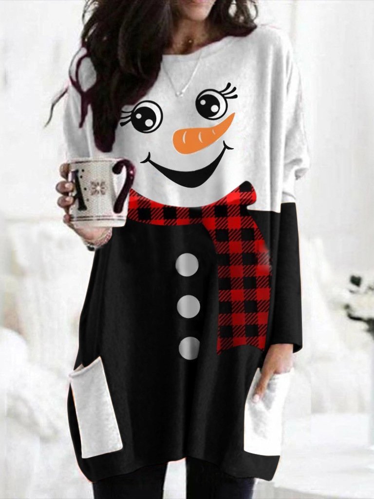 Women's Dresses Christmas Snowman Print Pocket Long Sleeve Dress - Mini Dresses - INS | Online Fashion Free Shipping Clothing, Dresses, Tops, Shoes - 1/11/2021 - 20-30 - Casual Dresses