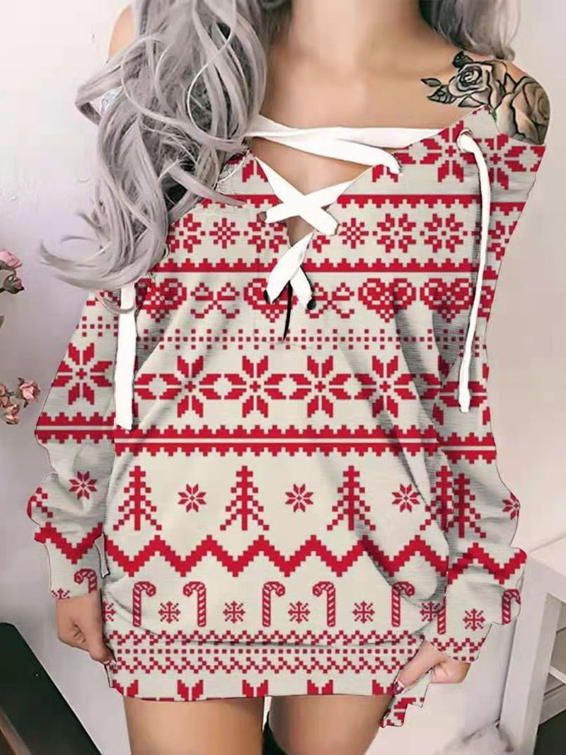 Women's Dresses Cross Chest Christmas Print Long Sleeve Mini Dress - Mini Dresses - INS | Online Fashion Free Shipping Clothing, Dresses, Tops, Shoes - 06/11/2021 - 20-30 - color-blue