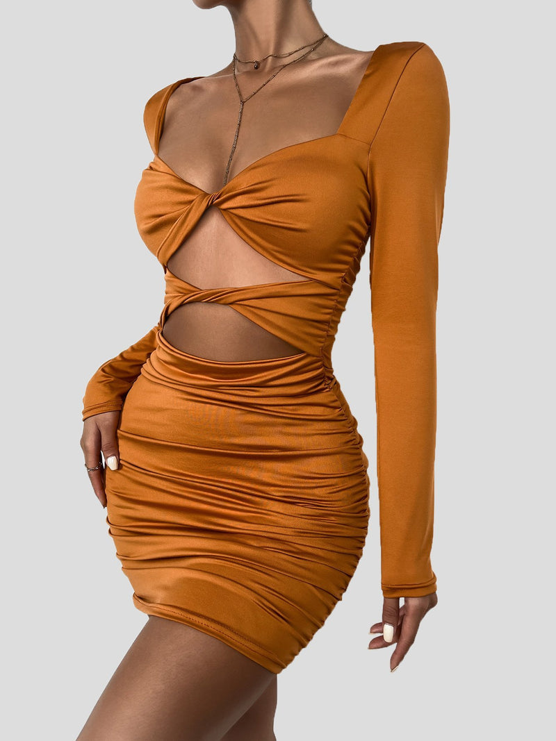 Women's Dresses Deep V Hollow Tie Pleated Long Sleeve Dress - Mini Dresses - INS | Online Fashion Free Shipping Clothing, Dresses, Tops, Shoes - 20-30 - 25/08/2021 - Category_Mini Dresses