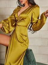 Women's Dresses Deep V-Neck Bubble Long Sleeve Split Dress - Maxi Dresses - Instastyled | Online Fashion Free Shipping Clothing, Dresses, Tops, Shoes - 22/12/2021 - 40-50 - color-gold