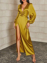 Women's Dresses Deep V-Neck Bubble Long Sleeve Split Dress - Maxi Dresses - Instastyled | Online Fashion Free Shipping Clothing, Dresses, Tops, Shoes - 22/12/2021 - 40-50 - color-gold