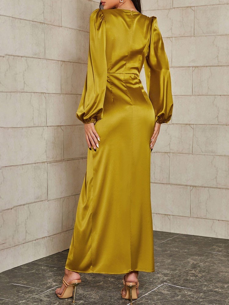 Women's Dresses Deep V-Neck Bubble Long Sleeve Split Dress - Maxi Dresses - Instastyled | Online Fashion Free Shipping Clothing, Dresses, Tops, Shoes - 22/12/2021 - 40-50 - color-gold