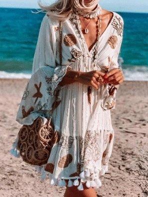 Women's Dresses Deep V-Neck Fringed Long Sleeve Printed Dress - Mini Dresses - INS | Online Fashion Free Shipping Clothing, Dresses, Tops, Shoes - 03/09/2021 - 30-40 - Category_Mini Dresses