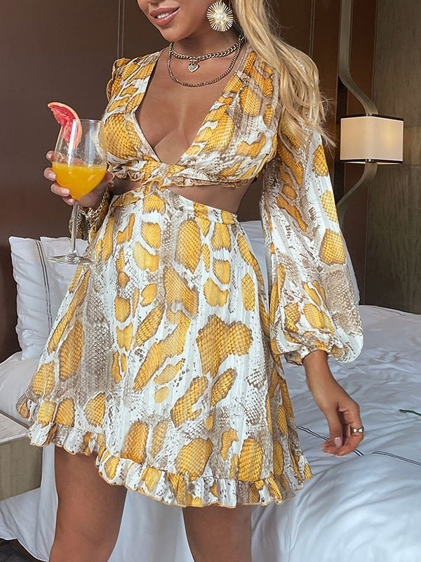 Women's Dresses Deep V-Neck Hollow Open Back Printed Long Sleeve Dress - Mini Dresses - Instastyled | Online Fashion Free Shipping Clothing, Dresses, Tops, Shoes - 22/12/2021 - color-apricot - color-black