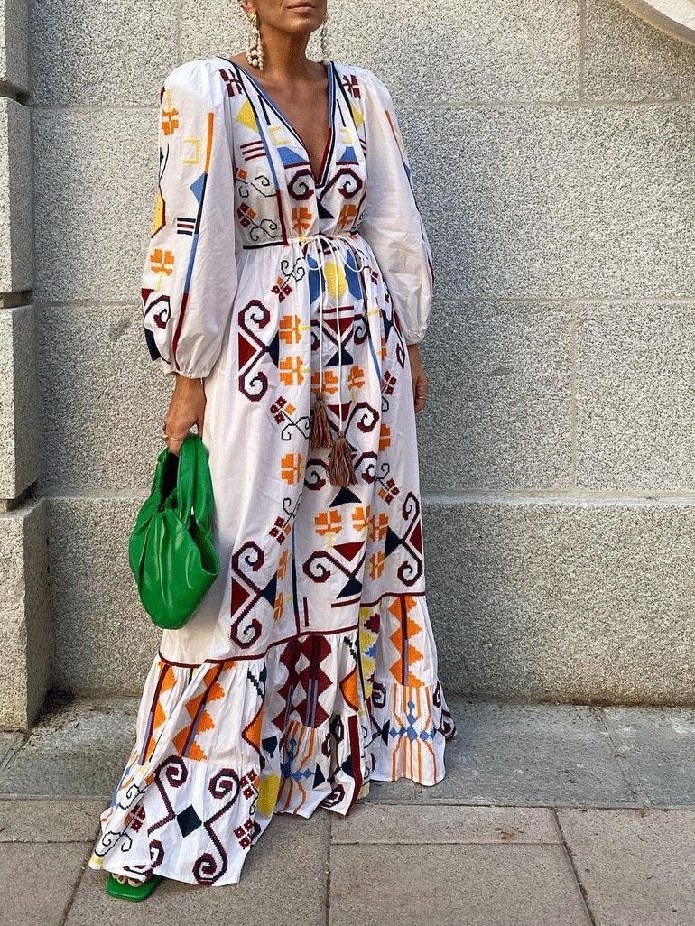 Women's Dresses Deep V-Neck Lantern Sleeve Printed Dress - Maxi Dresses - INS | Online Fashion Free Shipping Clothing, Dresses, Tops, Shoes - 29/10/2021 - 40-50 - color-white