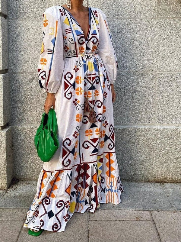 Women's Dresses Deep V-Neck Lantern Sleeve Printed Dress - Maxi Dresses - INS | Online Fashion Free Shipping Clothing, Dresses, Tops, Shoes - 29/10/2021 - 40-50 - color-white