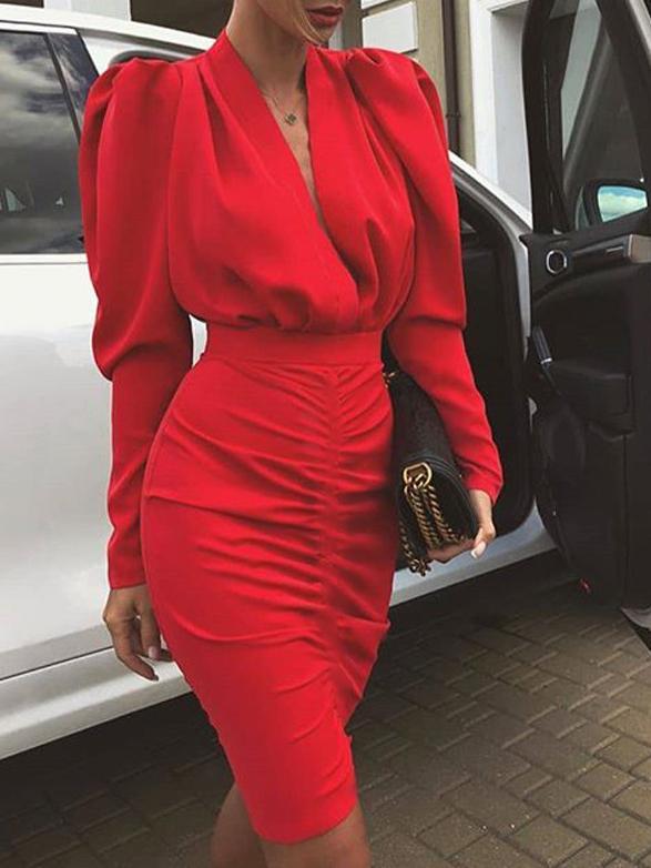 Women's Dresses Deep V-Neck Long Sleeve Skinny Midi Dress - Midi Dresses - INS | Online Fashion Free Shipping Clothing, Dresses, Tops, Shoes - 20-30 - 25/10/2021 - Bodycon Dresses