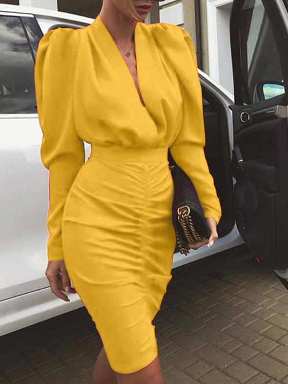 Women's Dresses Deep V-Neck Long Sleeve Skinny Midi Dress - Midi Dresses - INS | Online Fashion Free Shipping Clothing, Dresses, Tops, Shoes - 20-30 - 25/10/2021 - Bodycon Dresses