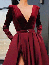 Women's Dresses Deep V-Neck Long Sleeve Split Dress - Maxi Dresses - INS | Online Fashion Free Shipping Clothing, Dresses, Tops, Shoes - 28/10/2021 - 40-50 - color-red