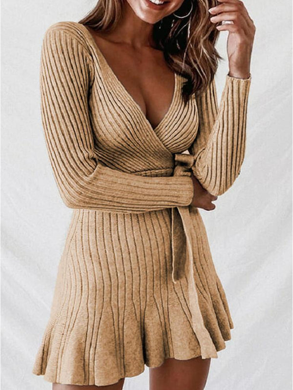 Women's Dresses Deep V-Neck Long Sleeve Temperament Knitted Dress - Mini Dresses - INS | Online Fashion Free Shipping Clothing, Dresses, Tops, Shoes - 11/10/2021 - 40-50 - color-blue