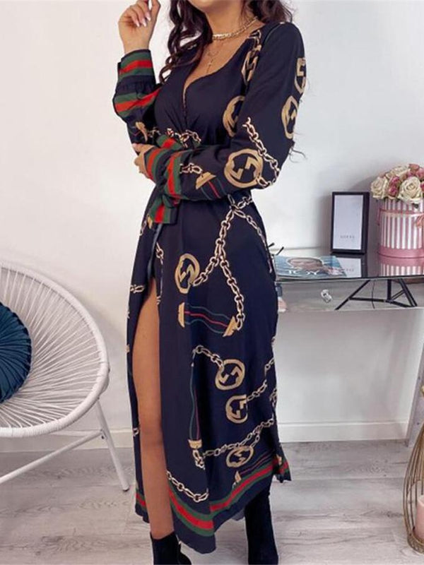 Women's Dresses Deep V-Neck Printed Lace Long Sleeve Dress - Maxi Dresses - INS | Online Fashion Free Shipping Clothing, Dresses, Tops, Shoes - 14/09/2021 - 30-40 - Category_Maxi Dresses