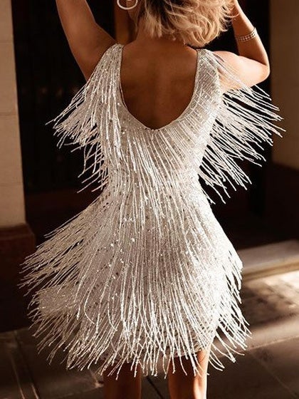 Women's Dresses Deep V-Neck Sleeveless Fringed Mini Dress - Mini Dresses - Instastyled | Online Fashion Free Shipping Clothing, Dresses, Tops, Shoes - 23/12/2021 - 40-50 - color-white