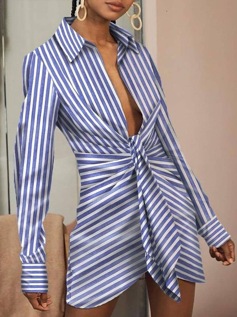 Women's Dresses Deep V-Neck Striped Long Sleeve Shirt Dress - Mini Dresses - INS | Online Fashion Free Shipping Clothing, Dresses, Tops, Shoes - 02/09/2021 - 30-40 - Category_Mini Dresses