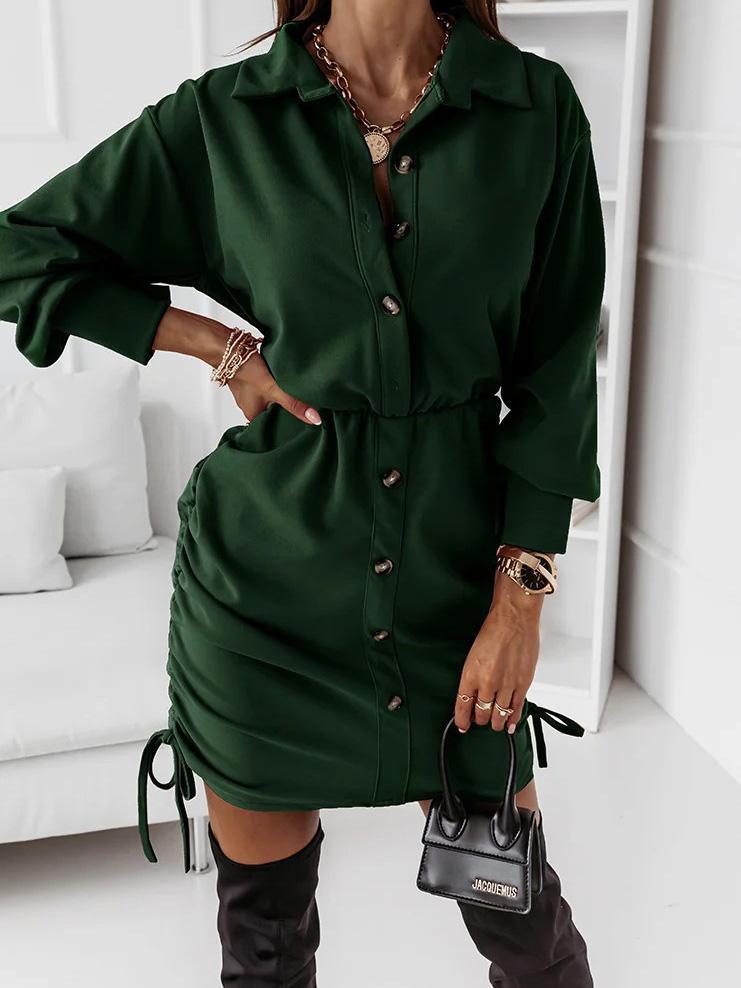 Women's Dresses Drawstring Button Long Sleeve Shirt Dress - Mini Dresses - INS | Online Fashion Free Shipping Clothing, Dresses, Tops, Shoes - 02/09/2021 - 20-30 - Category_Mini Dresses