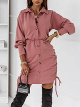 Women's Dresses Drawstring Button Long Sleeve Shirt Dress - Mini Dresses - INS | Online Fashion Free Shipping Clothing, Dresses, Tops, Shoes - 02/09/2021 - 20-30 - Category_Mini Dresses