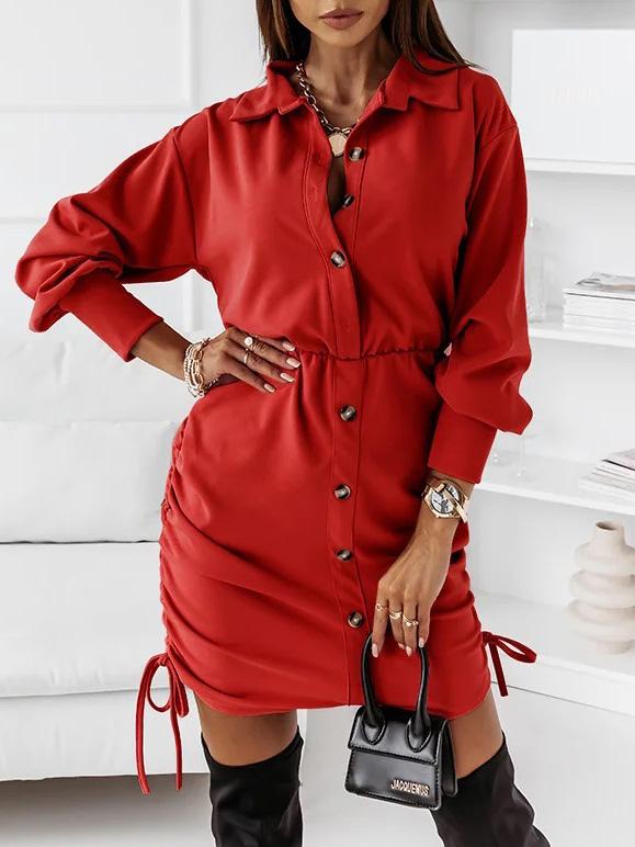 Women's Dresses Drawstring Button Long Sleeve Shirt Dress - Mini Dresses - INS | Online Fashion Free Shipping Clothing, Dresses, Tops, Shoes - 02/09/2021 - 20-30 - Category_Mini Dresses